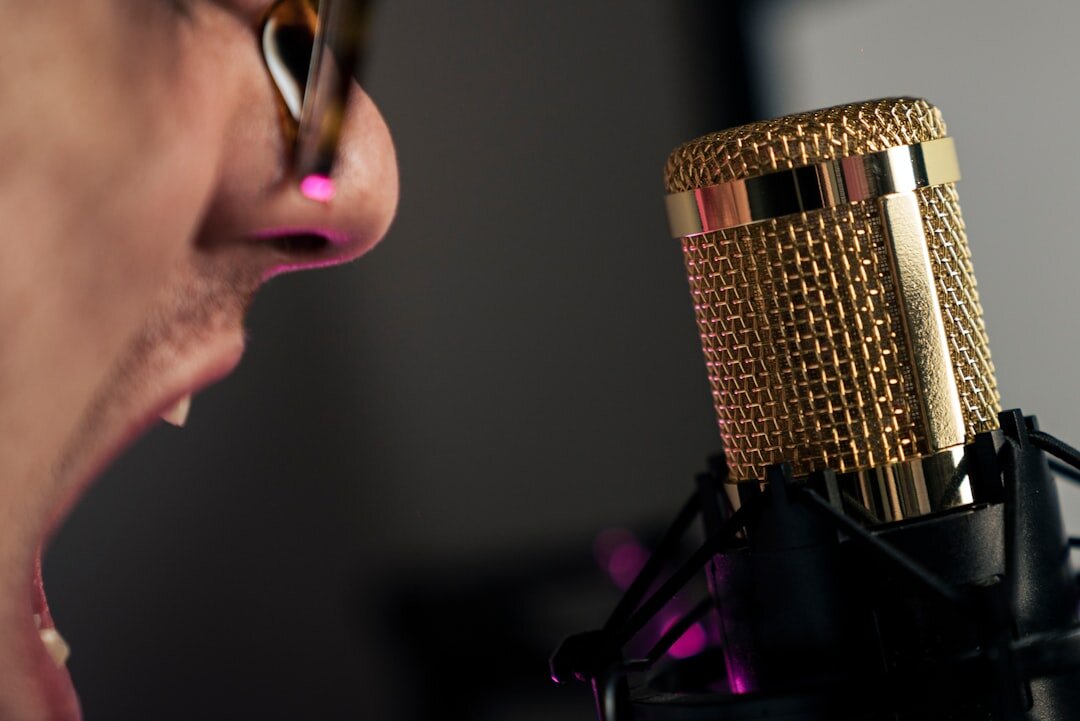 podcaster speaking into microphone