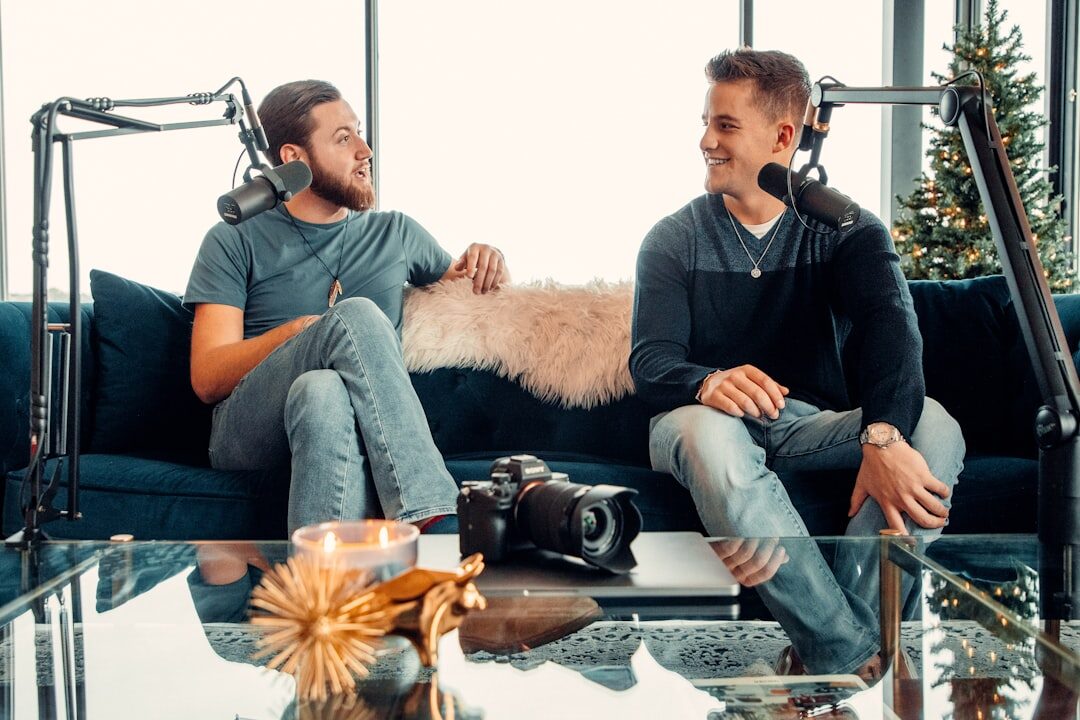 podcaster speaking into microphone